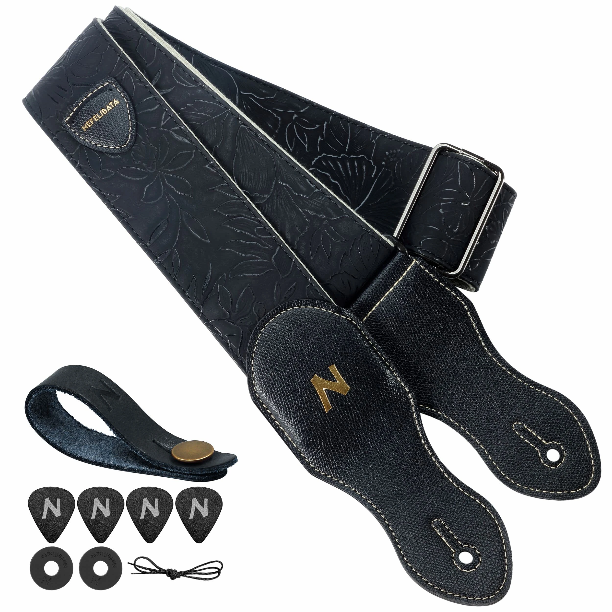 Nefelibata Guitar Strap with Pick Pocket,2.3 inch Porter Style Vegan Leather Guitar Straps,60s Western Vintage, Include Guitar Pick,Strap Button and Strap Lock(Black)