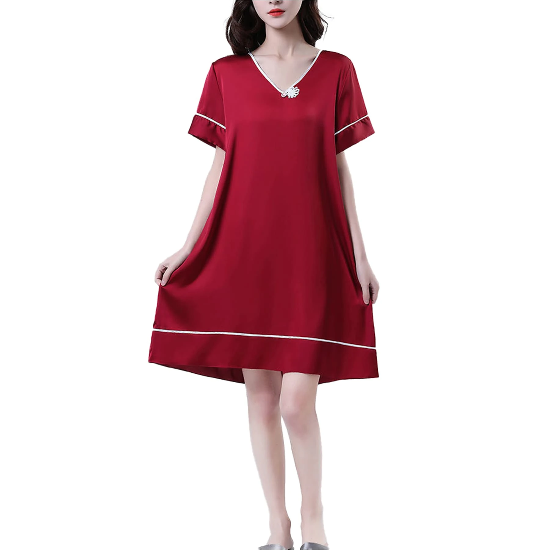 Women's V Neck Sexy Nightgrow Pajamas Solid Color Imitation Silk Satin Short Sleeve Nightdress,Wine red,L