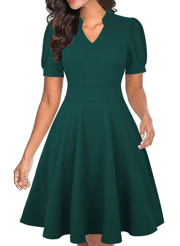 Mokayee Womens Summer Short Puff Sleeve Casual Semi-Formal Fit and Flare Church Wedding Guest Work Dresses with Pockets, 0 Dark Green, M