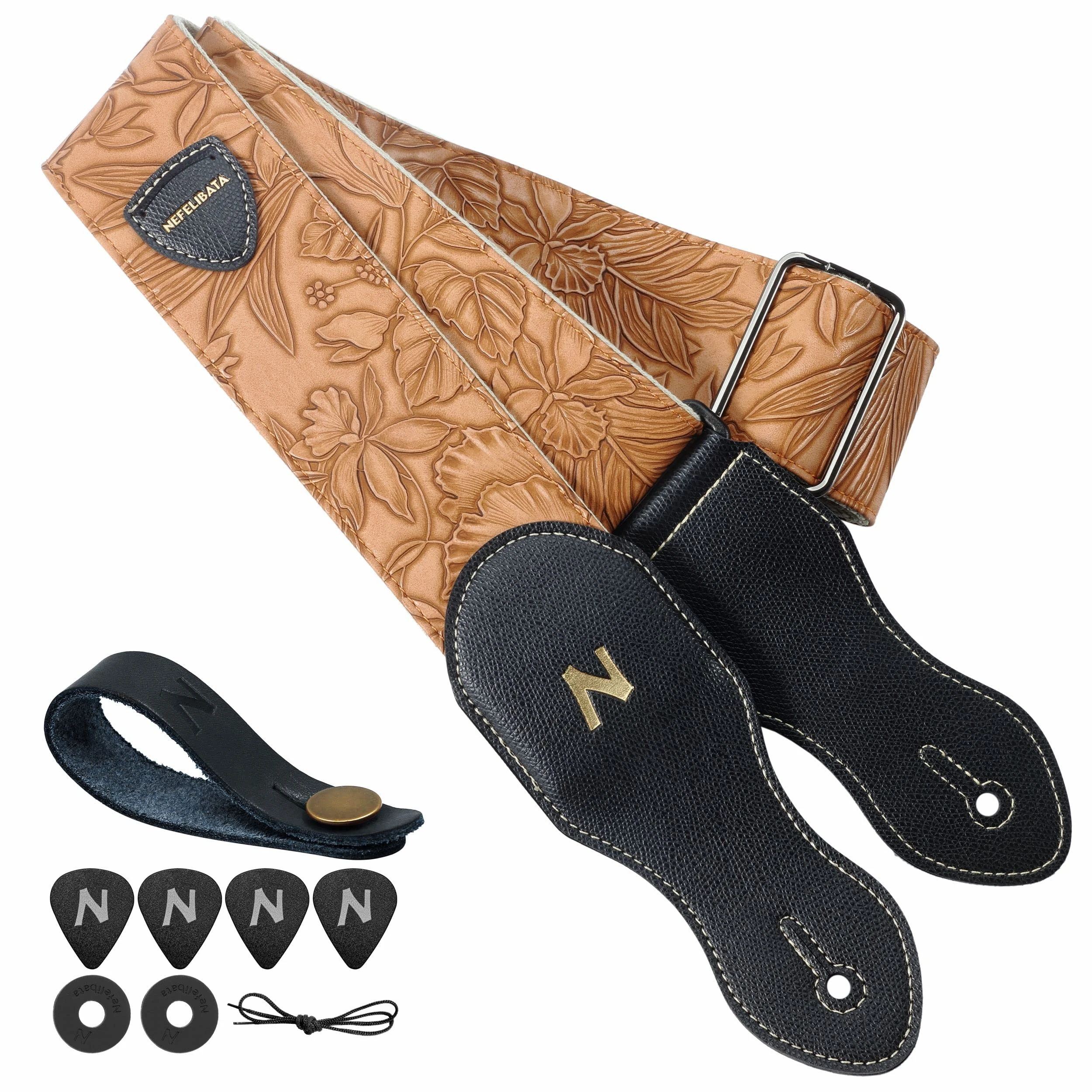 Nefelibata Guitar Strap with Pick Pocket,2.3 inch Porter Style Vegan Leather Guitar Straps,60s Western Vintage,Include Guitar Picks,Strap Button and Strap Locks