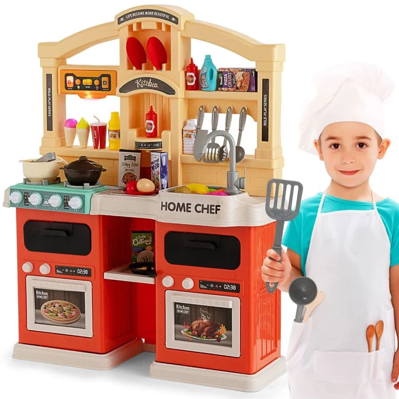 GYMAX Kids Kitchen Playset, Large Plastic Play Kitchen with Ovens, Cooker Hood, Storage Space, Cooking Accessories, Sounds, Music, Spray & Steam Effects, Toy Kitchen for 3 Years Old + (Orange)