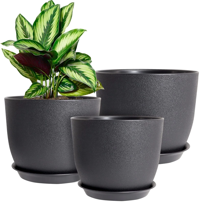 WOUSIWER Plant Pots 10/9/8 inch, Set of 3 Modern Decorative Plastic Planters with Drainage Holes and Saucers for House Plants Indoor Flowers Plants, Black - Image 1