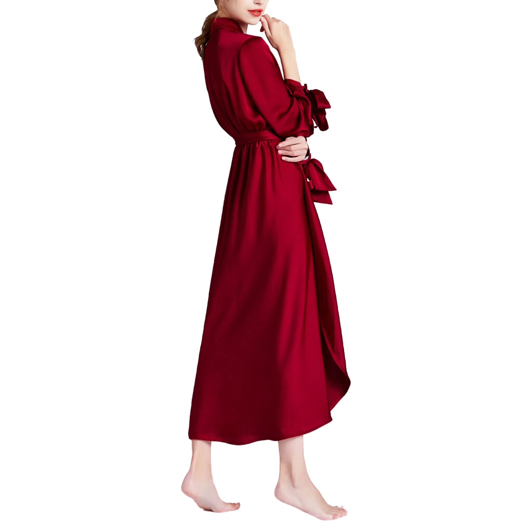 CYGE Women's V Neck Sexy Nightgrow Pajamas Silk Satin Lonh Sleeve Nightdress with Big Bowknot,Red,XL