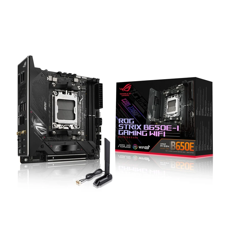 ASUS ROG Strix B650E-I Gaming WiFi AMD Ryzen AM5 mini-ITX motherboard, 10 + 2 power stages, DDR5, two M.2 slots, PCIe 5.0, 2.5G LAN, WiFi 6E, USB 3.2 Gen 2x2 Type-C port, and Aura Sync RGB lighting