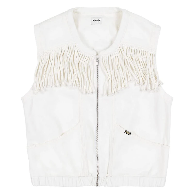 Wrangler Women's FRINGED DENIM VEST Jacket, VINTAGE WHITE, XX-Large