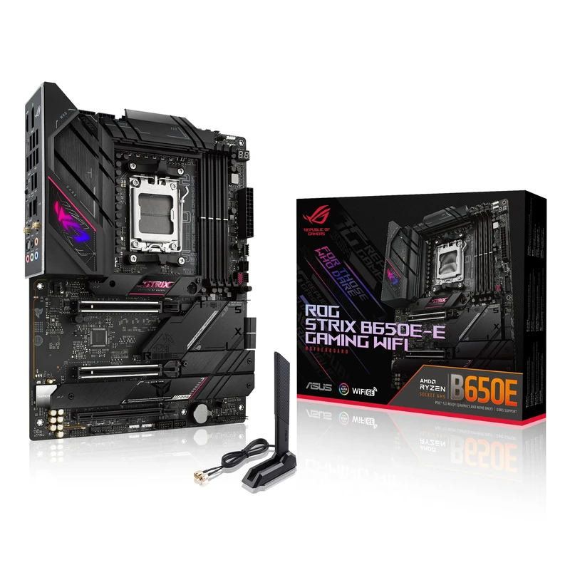 ASUS ROG Strix B650E-E Gaming WiFi AMD Ryzen AM5 ATX motherboard, 16 + 2 power stages, DDR5, four M.2 slots, PCIe 5.0, WiFi 6E, 2.5G LAN, USB 3.2 Gen 2x2 Type-C rear I/O port, and Aura Sync RGB