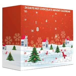 Hot chocolate advent calendar 2025 with 24 days flavoured hot chocolate sachets selection, hot chocolate bomb & stirrers, marshmallow and Christmas candy cane stirrer and Christmas gingerbread men