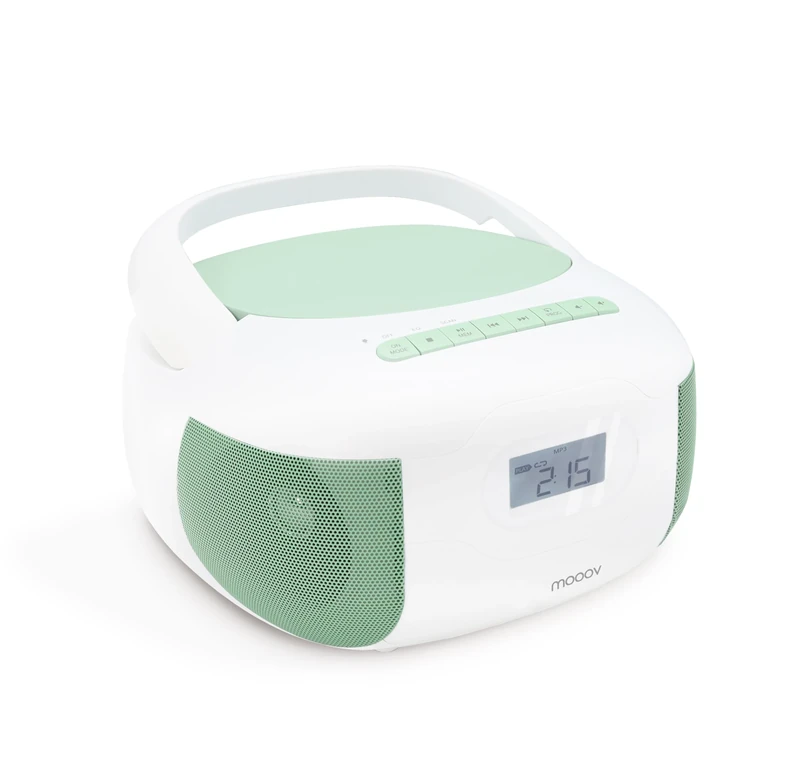 MOOOV 477186 Portable Bluetooth FM Radio CD Player – Boombox Stereo MP3 USB Input, AUX-in, Micro-SD, Headphone Jack, LCD Screen – Mains or Battery Powered – Green - Image 1