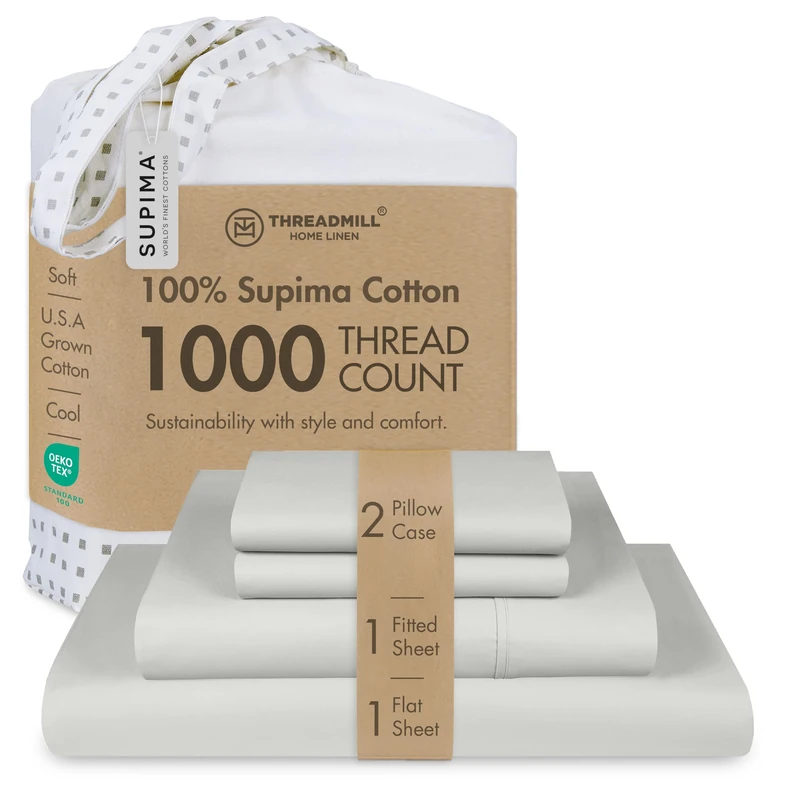 Threadmill Luxuriöse Supima-Baumwoll-Bettlaken, luxuriöse Fadenzahl 1000, weiche Bettlaken aus 100% Baumwolle für Bett in voller Größe, 5-Sterne-Hotelqualität, tiefe Taschen-Bettwäsche-Set