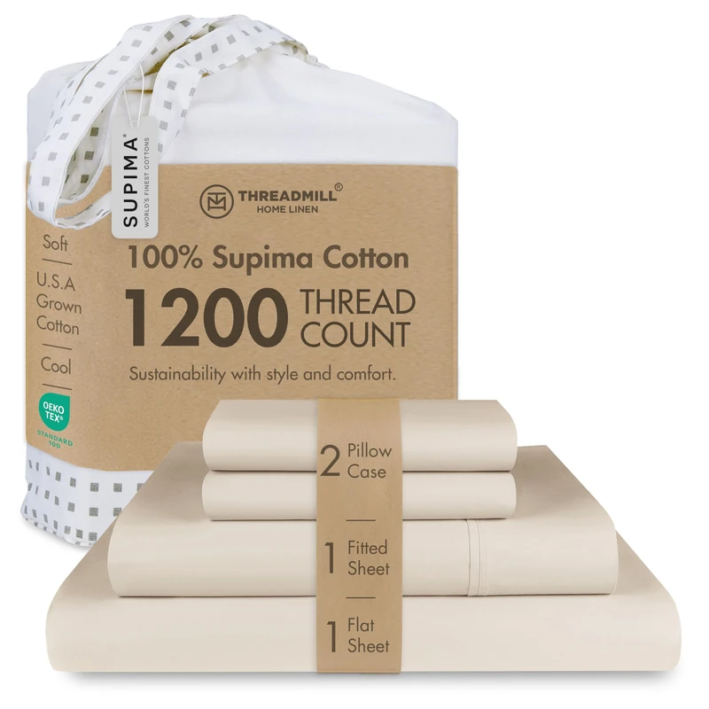 Threadmill 1200 Thread Count Supima Cotton Full Sheet Set, Sateen, Beige