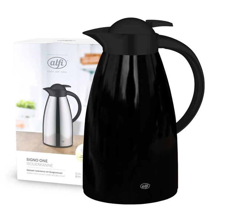 alfi SIGNO ONE 1.0 Litre Velvet Black Matte Stainless Steel Insulated Jug with Tempered Glass Insert, Screw Cap with Comfortable Push Button, Painted Stainless Steel Body, Ideal as a Coffee Pot - Image 1