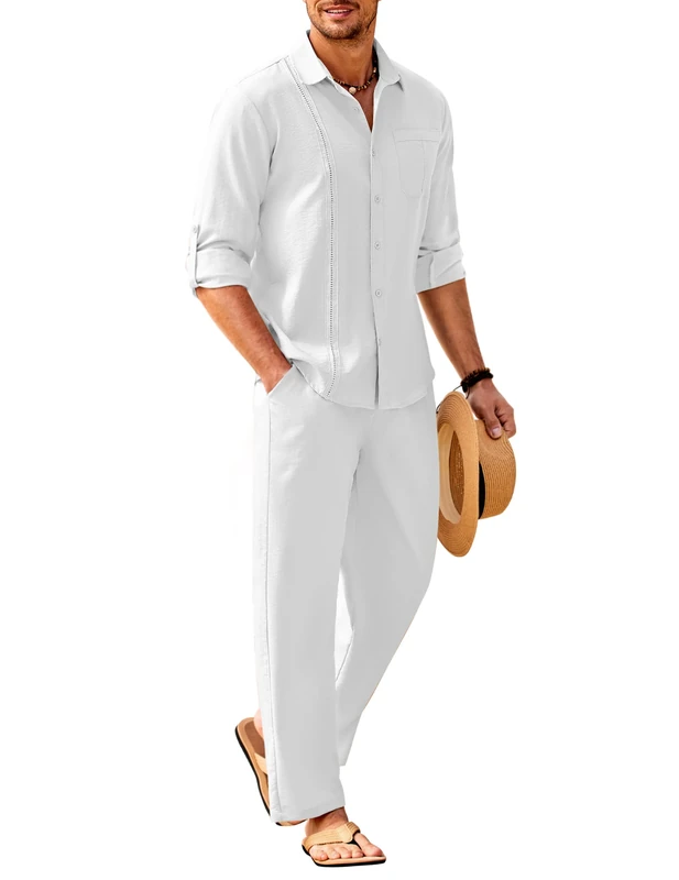 COOFANDY Mens Linen Sets 2 Piece Long Sleeve Button Down Cuban Shirt and Pants Set Summer Beach Set Outfits, White, X-Large