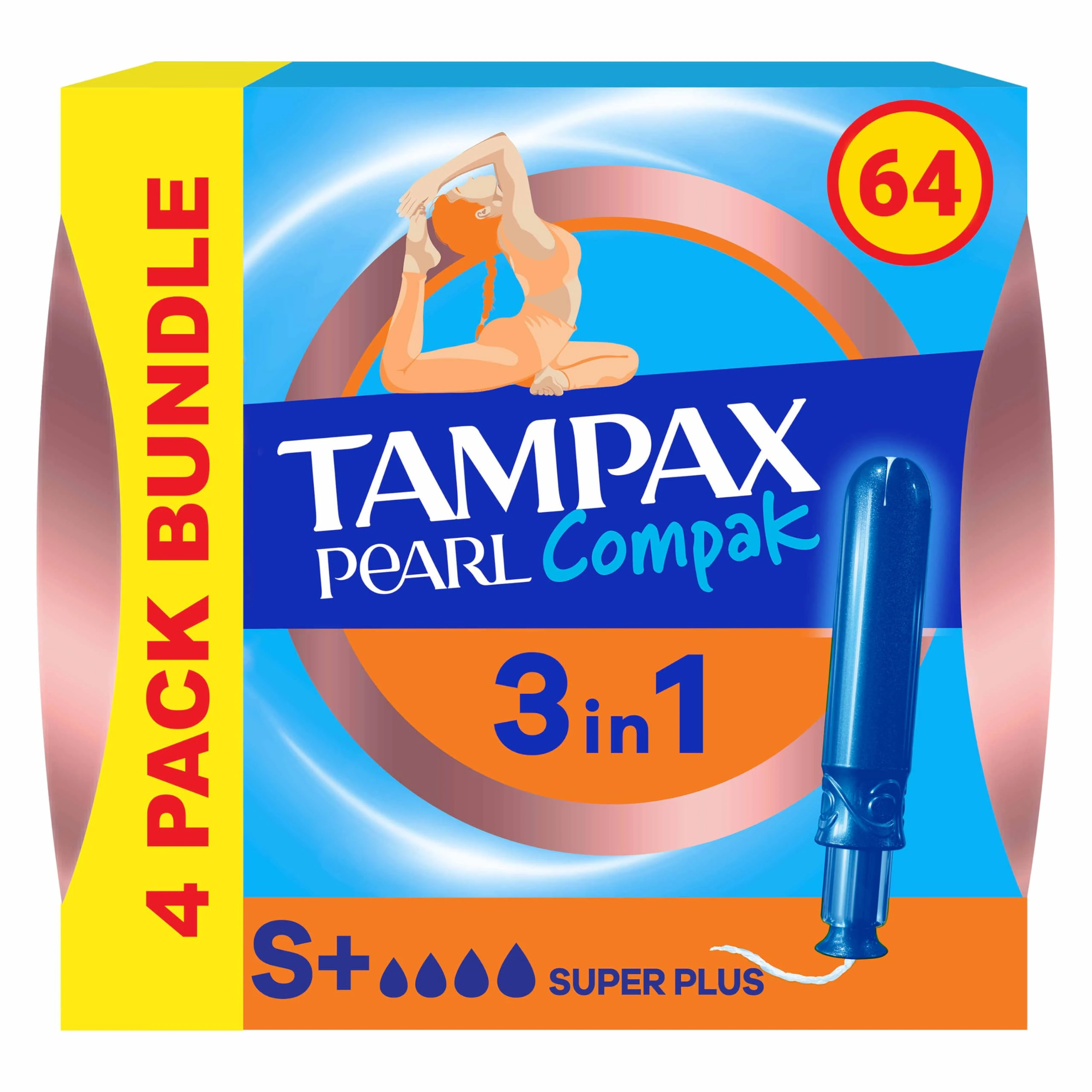 Tampax Compak Pearl Tampons, Super Plus with Applicator, 64 Tampons (16 x 4 Packs), Leak Protection and Discretion