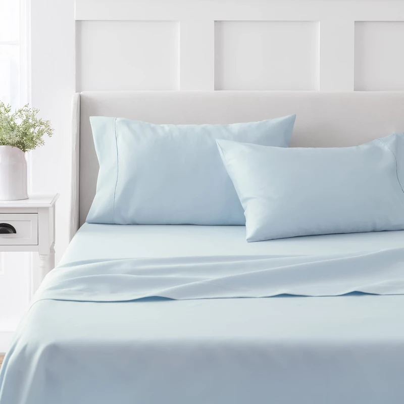 MARTHA STEWART 100% Cotton Full Size Sheet Set - 4 Piece, Soft, Smooth, Durable, Easy Care, 16" Deep Pocket Sheets, Bedding Sheets, Sateen Sheets, 1 Flat, 1 Fitted, 2 Pillowcases, Light Blue