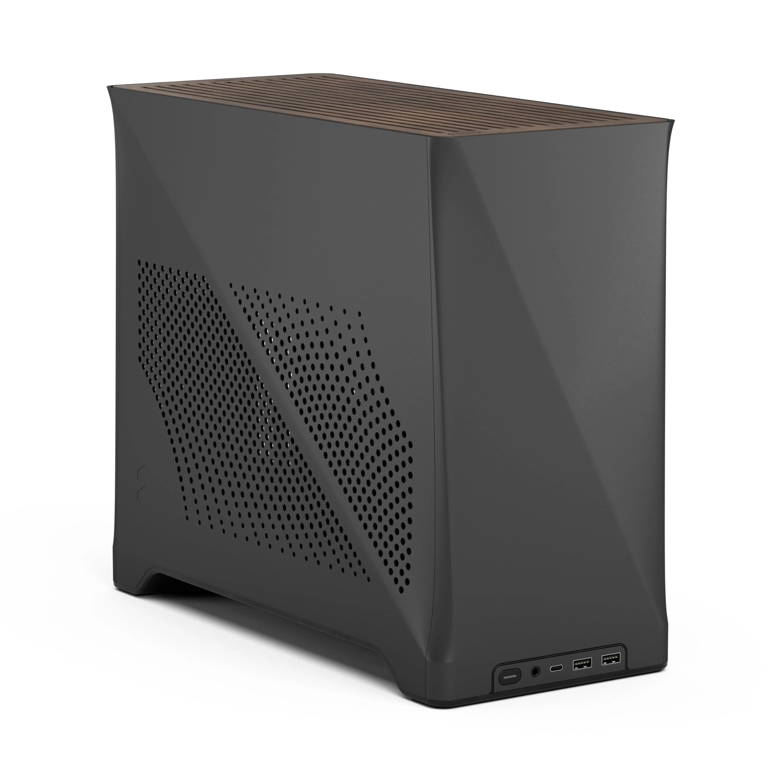 Fractal Design Era 2 ITX PC Case in Charcoal - Sleek Anodized Aluminum, Solid Walnut Top, Supports 3-Slot GPUs, PCIe 4.0 Riser Cable included