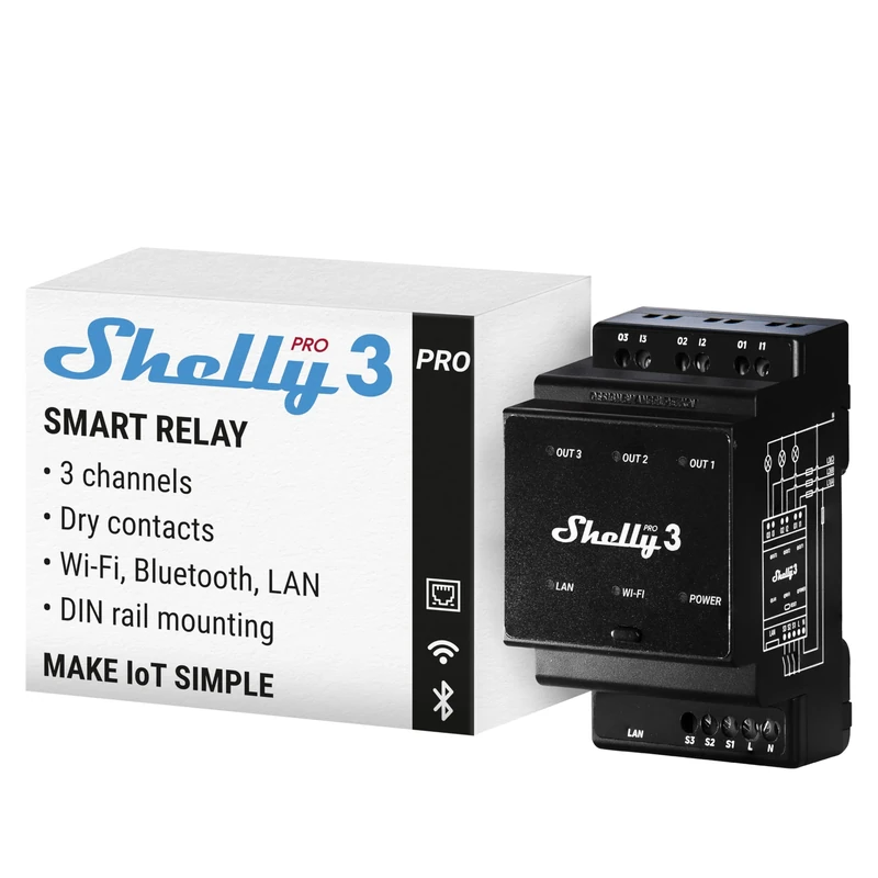 Shelly Pro 3, Wi-Fi 3 Channel Smart Relay, 48A, Home & Facility Automation, Compatible with Alexa & Google Home, iOS Android App, Lights Automation, No Hub Required, Remote Control for Motorized Valve