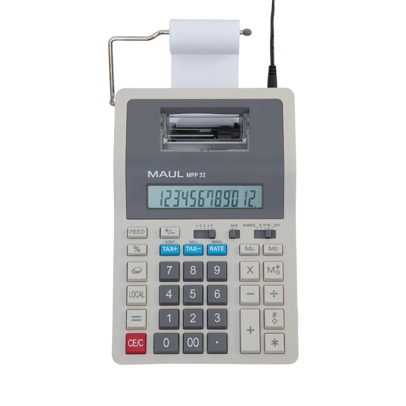 MAUL Desktop Calculator Printing MPP32, Printing Calculator with All Important Commercial Functions and 12-Digit Display, 2-Colour Print, 2 Lines/Sec, Mains and Battery Operated, Grey - Image 1