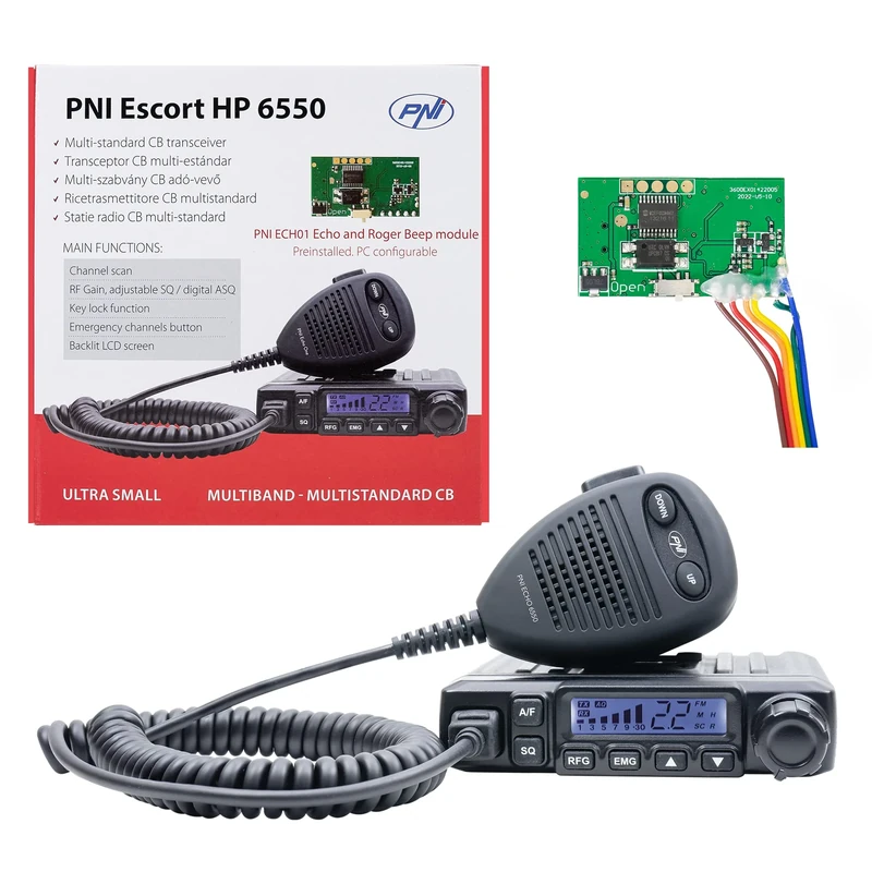 CB PNI Escort HP 6550 Radio Station with PNI ECH01 installed, multistandard, 4W, AM-FM, 12V, ASQ, with echo mode