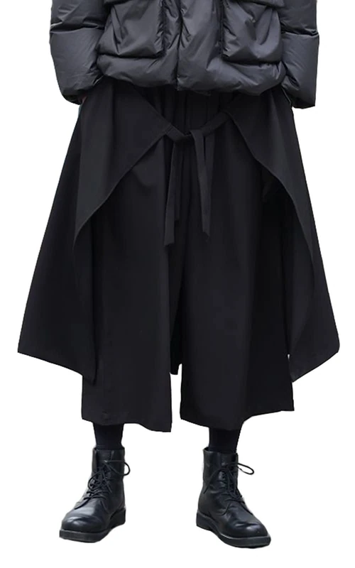 AITFINEISM Men's Casual Skirt Pants Loose Wide Leg Harem Pant Japanese Harajuku Kimono Trousers, Black 6, Small