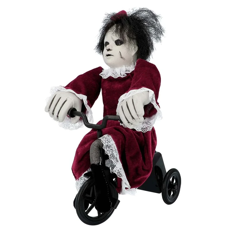Boland 73048 Interactive Horror Doll on Bicycle, Size 35 x 21 cm, Angry Mathilde, Scary Doll with Sound and Movement, Decoration, Decorative Object, Halloween, Carnival, Theme Party