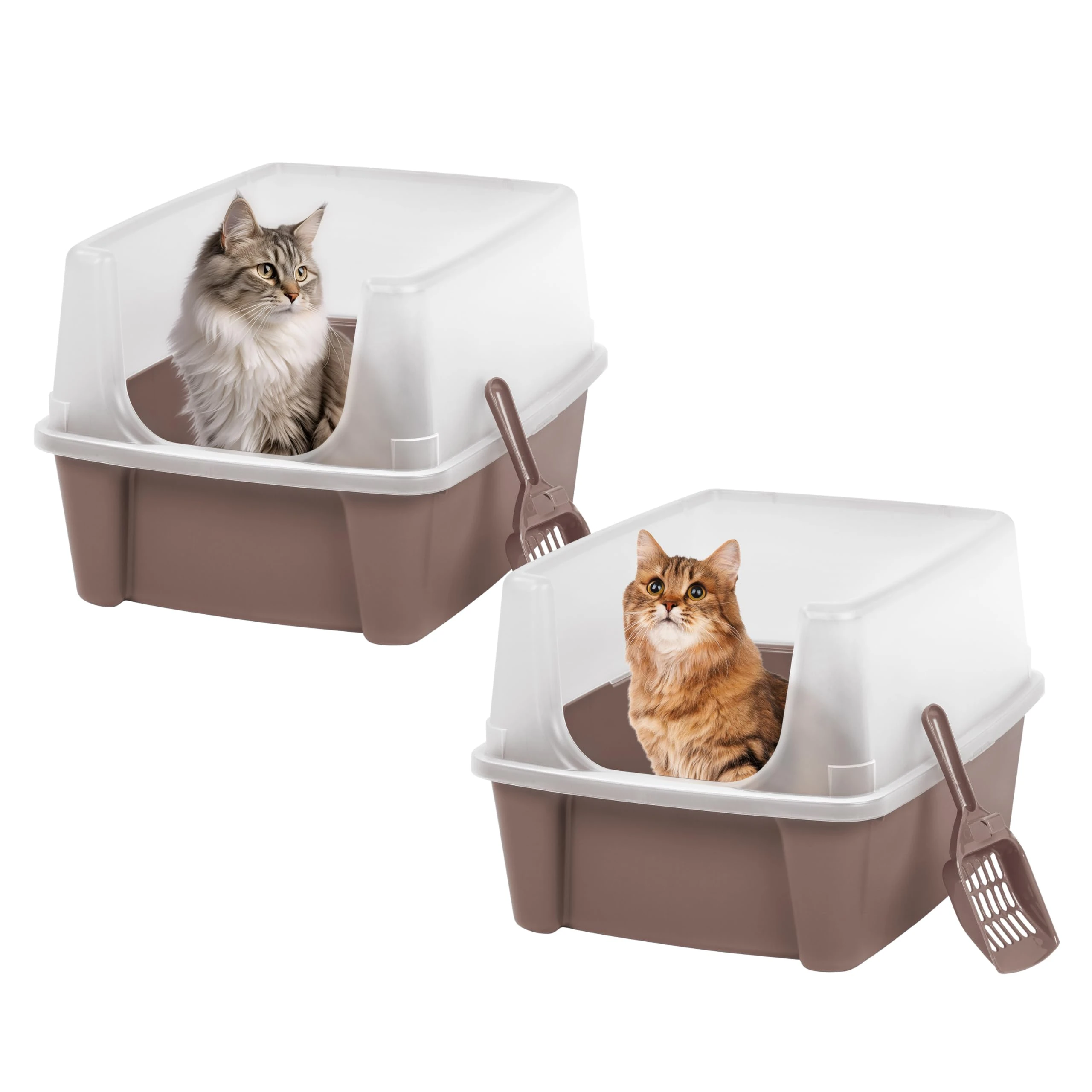 Iris Ohyama Cat Litter Tray with Scoop, Set of 2, Beige, Easy to Clean, Cat Litter Box, Detachable Spill Preventing Walls, For Kittens, Adult Cats, Rabbits, BPA Free, Open Top, Modern, CLH-12