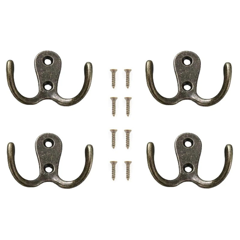 Yesmin 4 Pcs Double Prong Robe Hooks, Dual Coat Hooks Wall Mounted Hanging Clothes for Bathroom Bedroom Door Wall Retro Metal Cloth Hanger Double Coat Hooks with 8 Screws (Vintage)