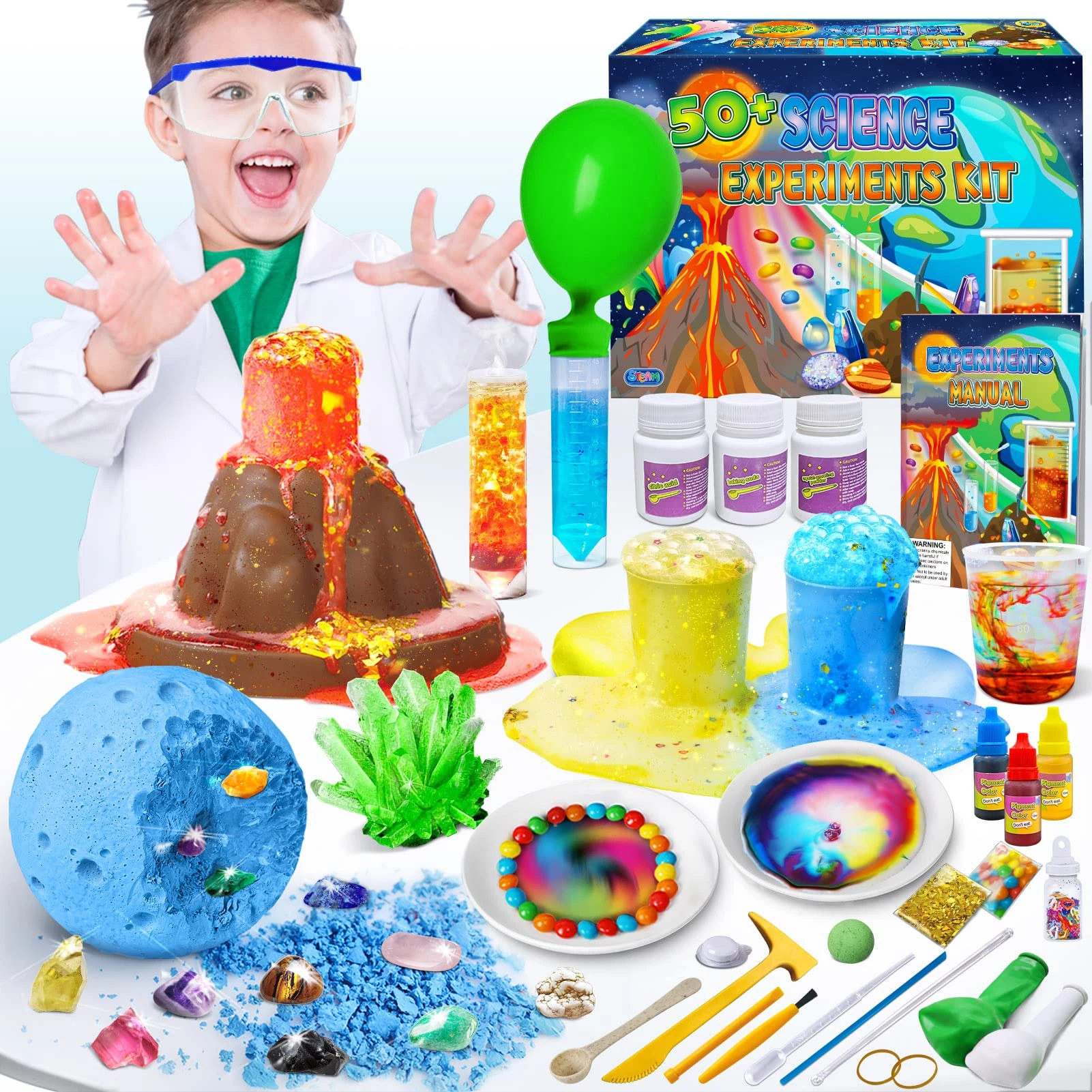 UNGLINGA 50+ Science Lab Experiments Kit for Kids, STEM Activities Educational Scientist Toys Gifts for Boys Girls Chemistry Set, Gemstone, Volcano Eruption