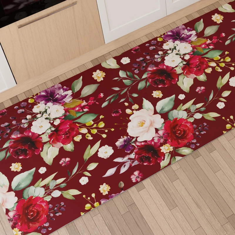 PETTI Artigiani Italiani - Kitchen Rug Runner Kitchen Non-Slip and Washable 52x480 cm Floral Design 07 Bordeaux 100% Made in Italy