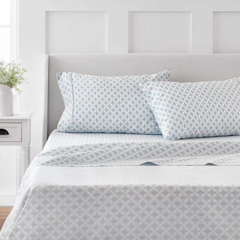 Martha Stewart 100% Cotton Queen Sheet Set - 4 Piece, Soft, Smooth, Durable, Easy Care, 16" Deep Pocket Sheets, Sateen Sheets, 1 Flat, 1 Fitted, 2 Pillowcases, China Blue