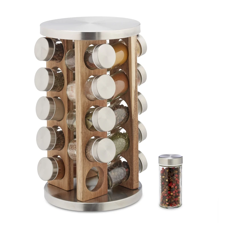 Relaxdays Spice Rack, 20 Glass Jars, Rotatable, Stainless Steel, H x D: Approx. 34 x 19.5 cm, Silver/Natural