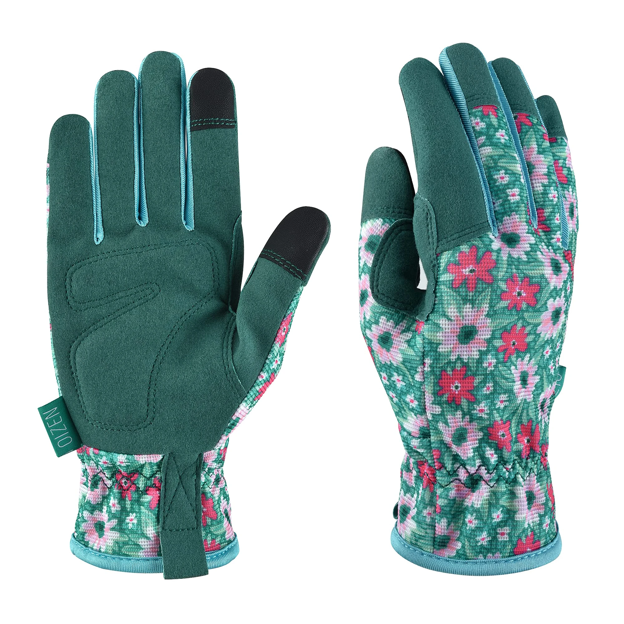 OIZEN Gardening Gloves for Women and Men, Garden Gloves with Touch Screen, Thorn Proof Puncture Resistant Working Gloves, Gardening Gifts for Women (Green flowers, M)