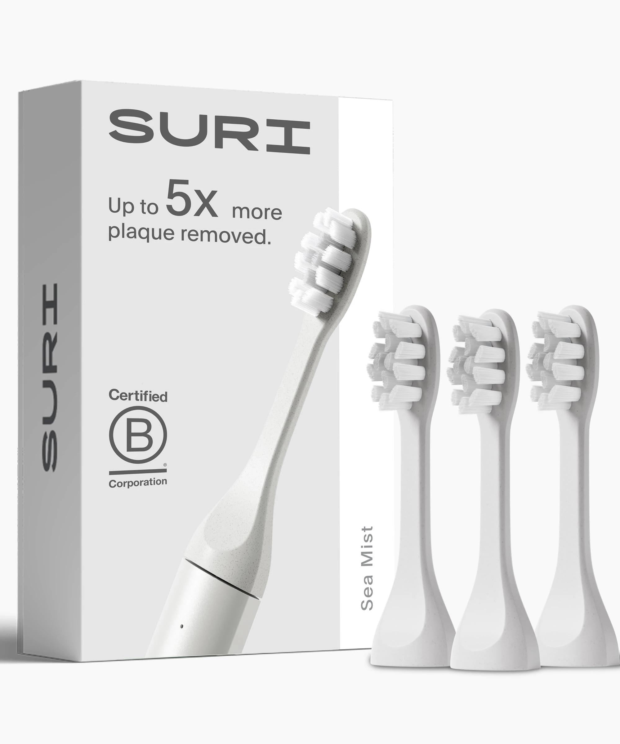 SURI Recyclable Plant-Based, Electric Toothbrush Heads - Built-in Tongue Scraper, Long Lasting Replacement Heads | Compatible Only with SURI Sonic Electric Toothbrush - Sea Mist, Pack of 3