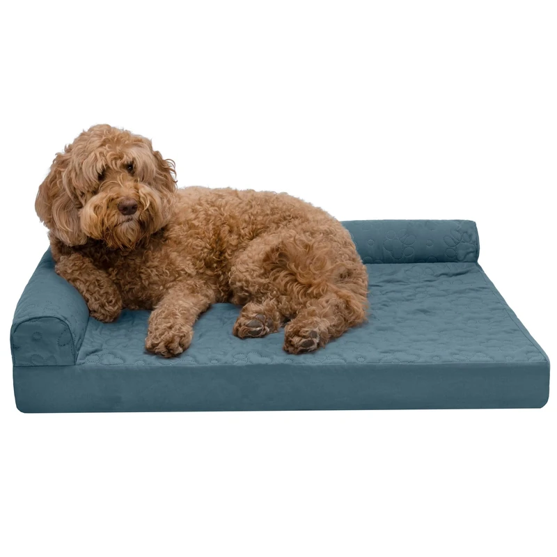 Furhaven Large Orthopedic Dog Bed Pinsonic Quilted Paw L Shaped Chaise w/Removable Washable Cover - Bluestone, Large