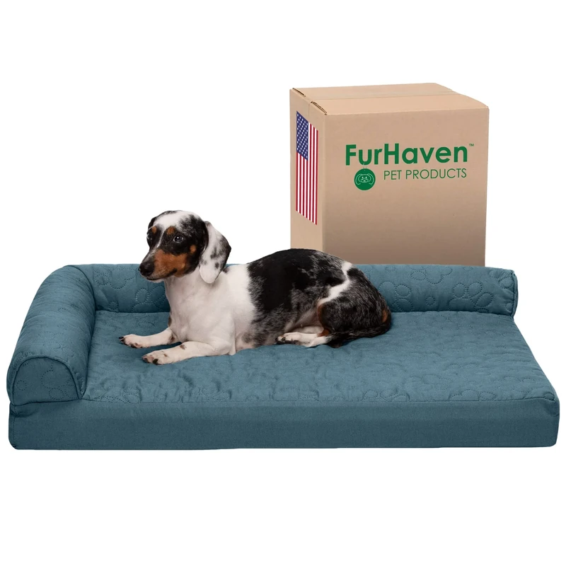 FurHaven Medium Cooling Gel Foam Dog Bed Pinsonic Quilted Paw L Shaped Chaise w/Removable Washable Cover - Bluestone, Medium