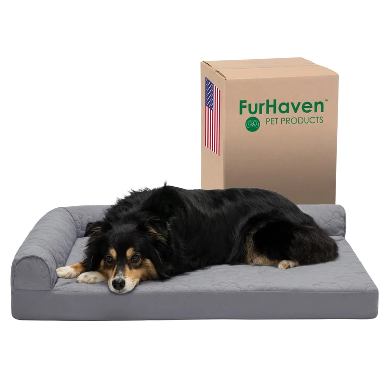 FurHaven Cooling Gel Dog Bed for Large/Medium Dogs w/Removable Bolsters & Washable Cover, For Dogs Up to 55 lbs - Pinsonic Quilted Paw L Shaped Chaise - Titanium, Large