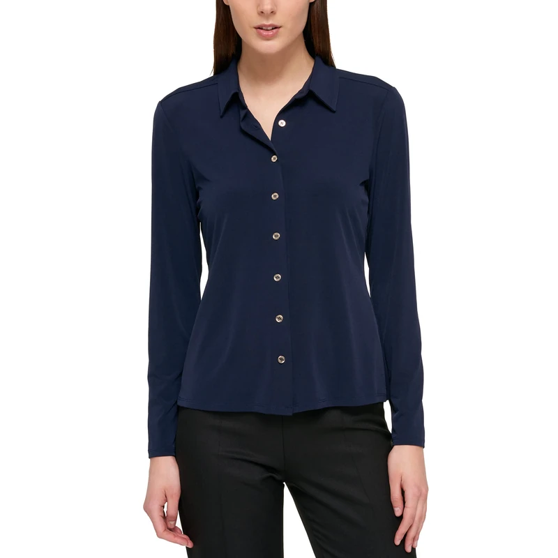 Tommy Hilfiger Women's Long Sleeve Collared Button Front Top Blouse, Midnight, XS