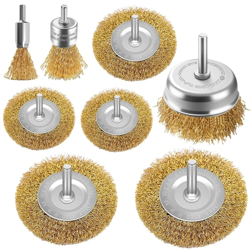 Wire Wheel Cup Brush Drills Set 8 pcs,Brass Coated Wire Brush Wheel Cup Brush Metal Brushes for Drill 1/4 Inch Shank for Cleaning Rust, Flakes and Abrasives Drill Attachment