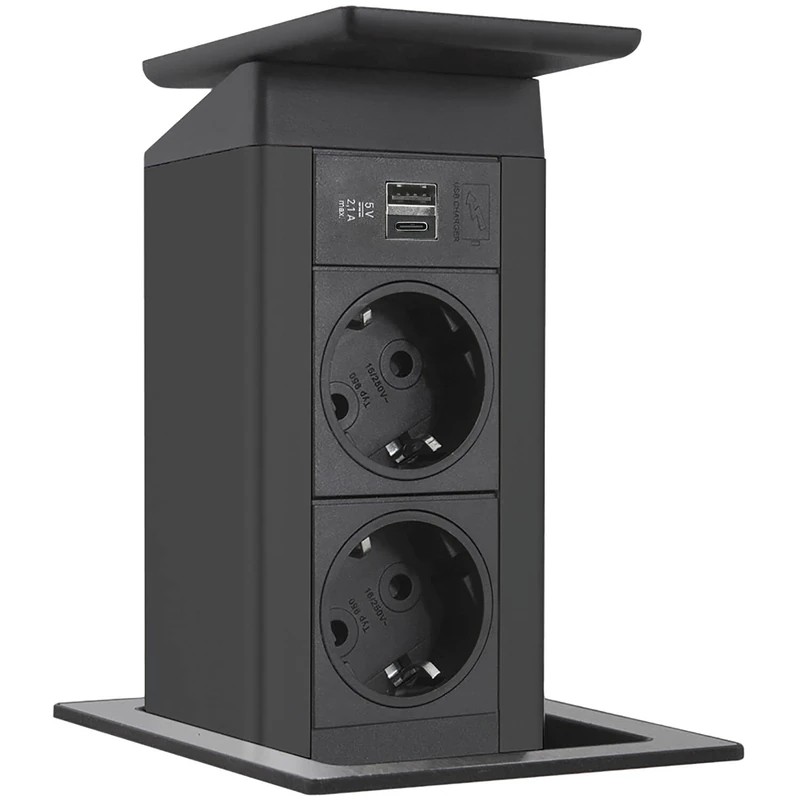 EVOline 159311010800 Port Push Black Charger Rocker Lid Stainless Steel, stainlesssteel, 2X Schuko, USB-A, USB-C, Edelstahl