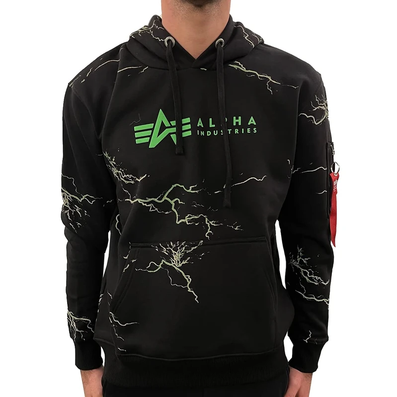 Alpha Industries Lightning AOP Mens Hooded Sweat Black/Poisongreen - Image 1