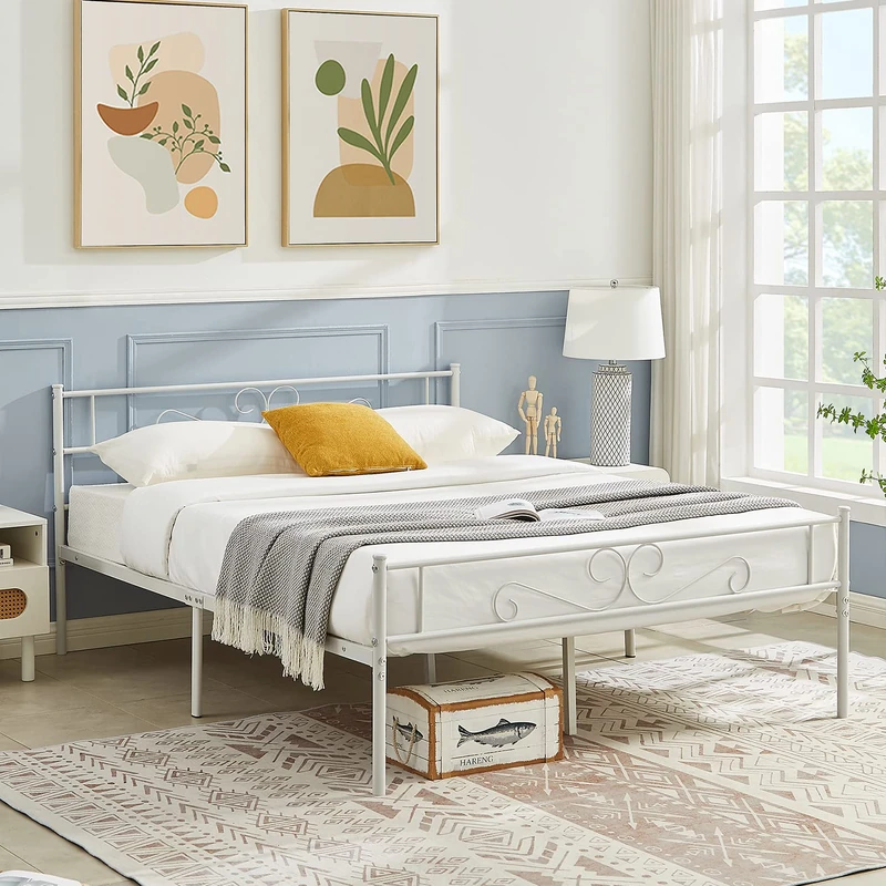 VECELO Metal Platform Bed Frame, Mattress Foundation with Headboard & Footboard, No Box Spring Needed, Underbed Storage, Double, White