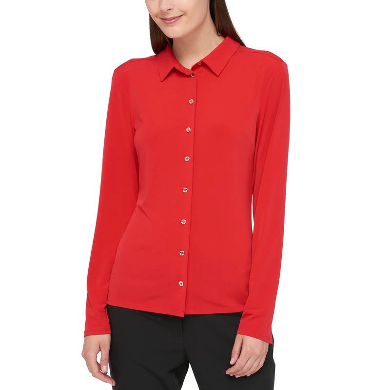 Tommy Hilfiger Women's Long Sleeve Collared Button Front Top Blouse, Scarlet, XL