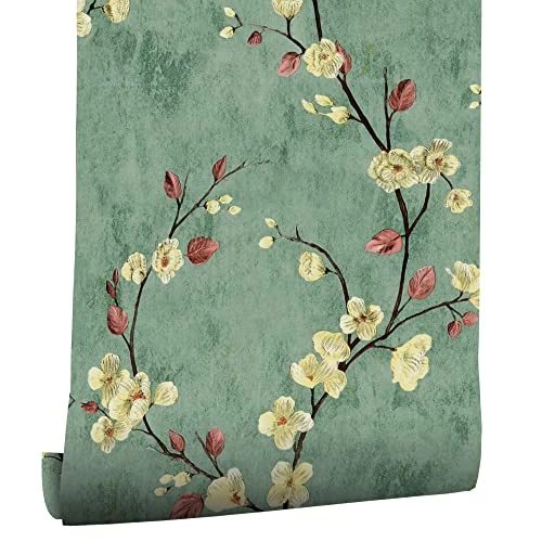 myforHD Yellow Flower Green Wallpaper Peel and Stick Flower Floral Wallpaper Textured Vinyl Vintage Self-Adhesive Wallpaper Kitchen Cabinets Backsplash Fireplace Laundry Room Accent Wall Decor