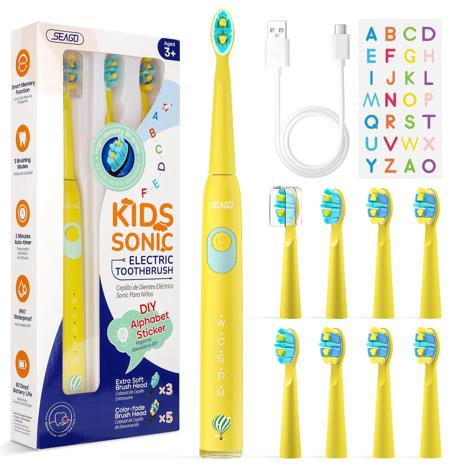 Seago Kids Electric Toothbrush 3 5 6 8 9 10 12, Childrens Rechargeable Battery Toothbrushes with Funny DIY Stickers, 2 Mins Timer, 8 Replacement Brush Heads, for Boys Girls Teenagers, SG2303(Yellow)
