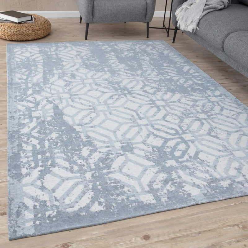 THE RUGS Machine Washable Rug – Geometric Design Rugs for Living Room, Bedroom, Hallway, Flat-weave Area Rugs, (Blue, 200x290 cm)