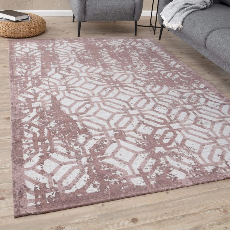 THE RUGS Machine Washable Rug – Geometric Design Rugs for Living Room, Bedroom, Hallway, Flat-weave Area Rugs, (Pink, 80x300 cm)
