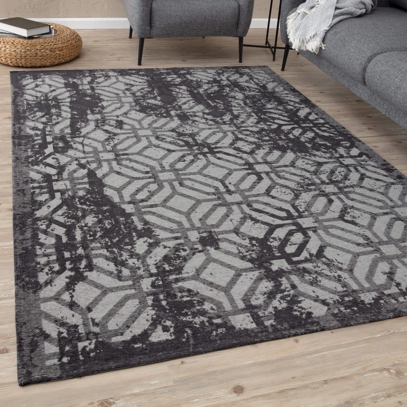THE RUGS Machine Washable Rug – Geometric Design Rugs for Living Room, Bedroom, Hallway, Flat-weave Area Rugs, (Black, 80x300 cm)