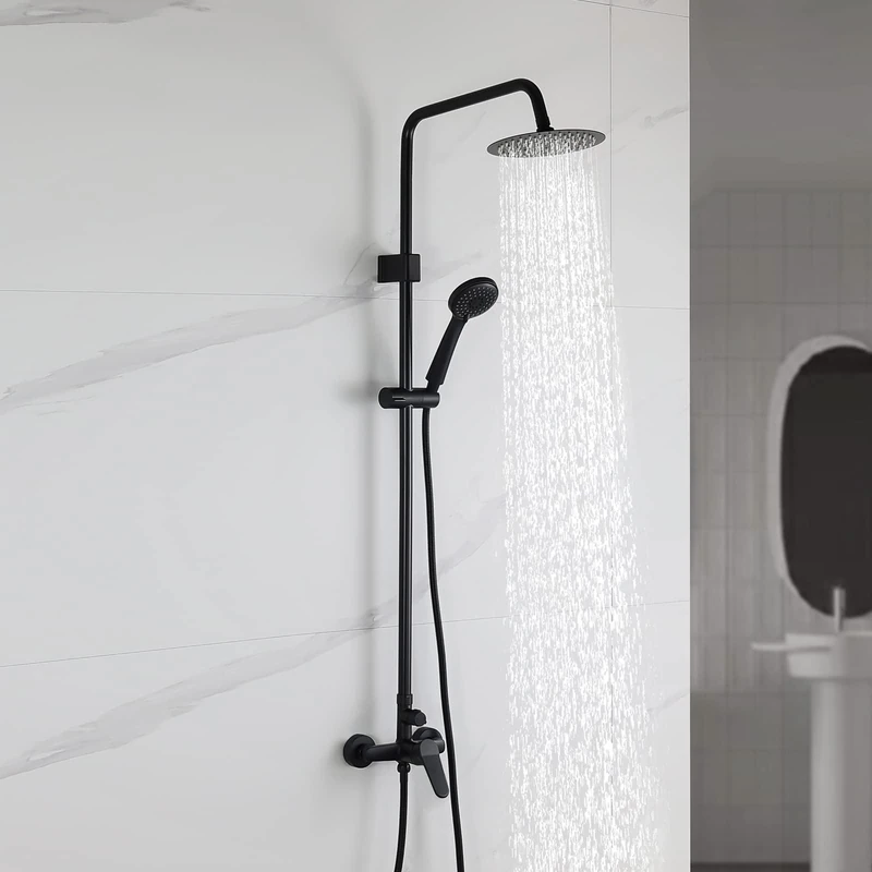 Ibergrif M17059B Shower Column System with Tap, Shower Riser Rail Kit, Brass Shower Mixer Set with 3 Functions Handheld Shower, Rainfall Shower Head and Hose Set, Black Chrome