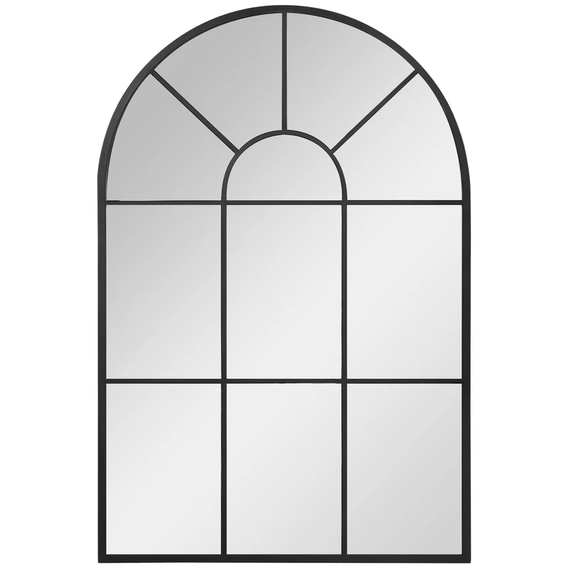HOMCOM Arched Wall Mirror 91 x 60 cm Industrial Style Arched Window Mirror with Metal Frame for Living Room Bedroom Hallway Black - Image 1