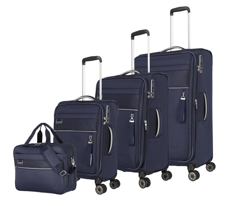 travelite Suitcase Set 4-Piece Soft Shell 4 Wheels, Sizes S-M-L + Board Bag, Sustainable, MIIGO, Luggage Set Made of Recycled Material, TSA Lock, Suitcase Sizes L + M Expandable