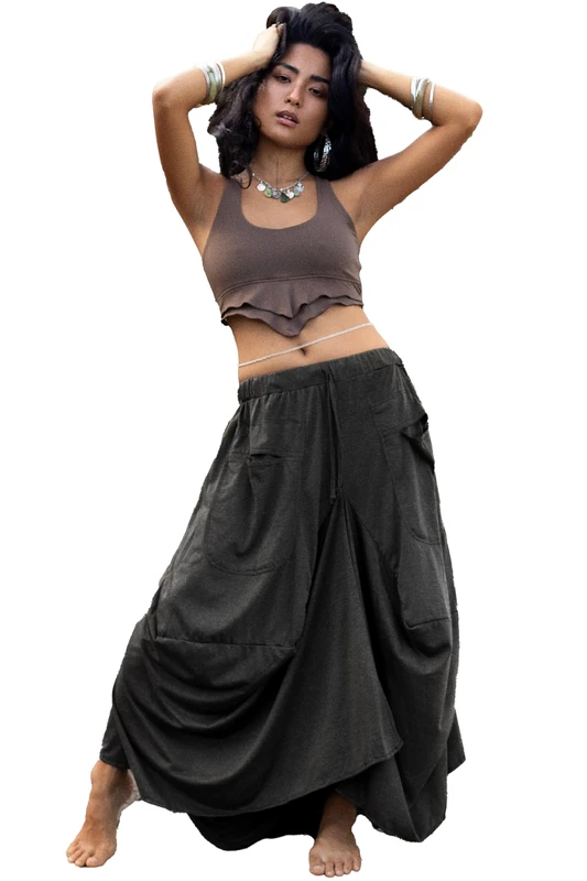 Thaluta Women's Maxi Skirt Bohemian with Pockets Gypsy Elastic High Waist Cotton, Solid Black